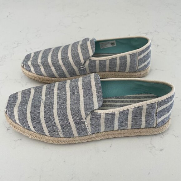 TOMS Alpargata Rope Slip On Stripe Recycled Canvas Shoe Blue Off Wht Sz 9 NWOT - Picture 9 of 13